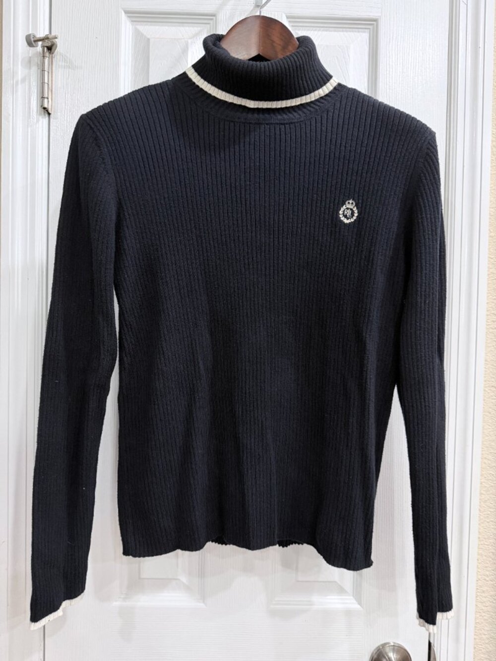 Lauren Ralph Lauren Super Soft Ribbed Turtleneck Sweater Black White Trim XL